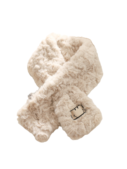 Greige fuzzy scarf with an outlined smiling face patch