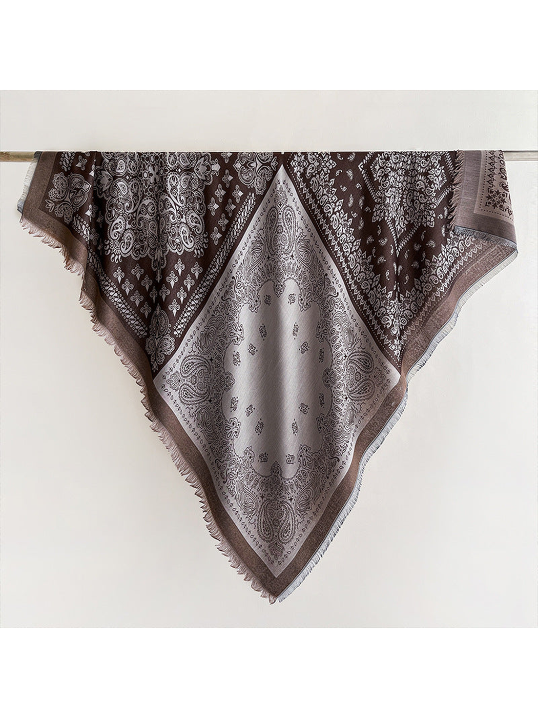 Dark Brown paisley square scarf with fringed edges, full view
