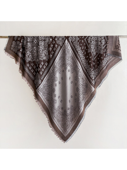 Dark Brown paisley square scarf with fringed edges, full view
