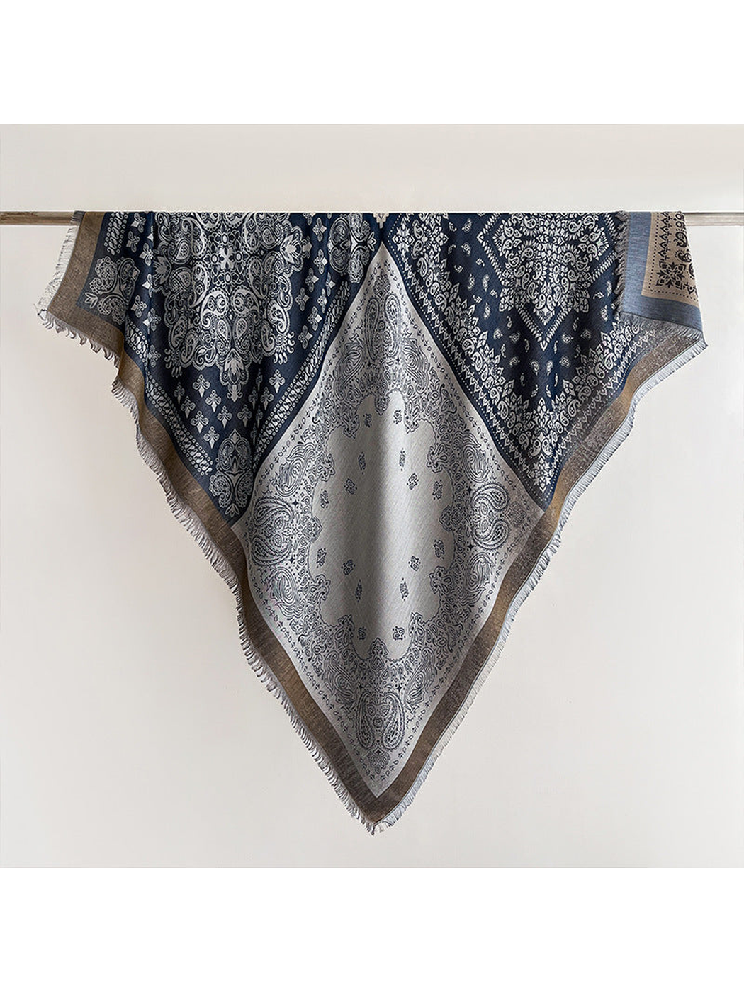 Navy paisley square scarf with fringed edges, full view