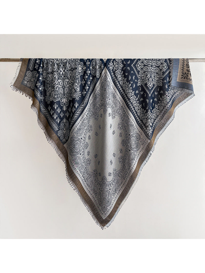 Navy paisley square scarf with fringed edges, full view