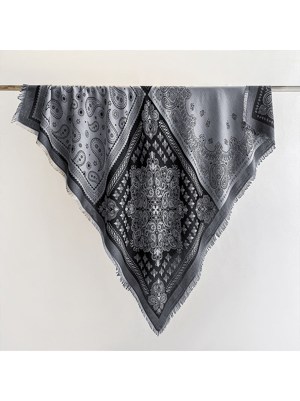 Black paisley square scarf with fringed edges, full view