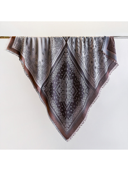 Brown paisley square scarf with fringed edges, full view