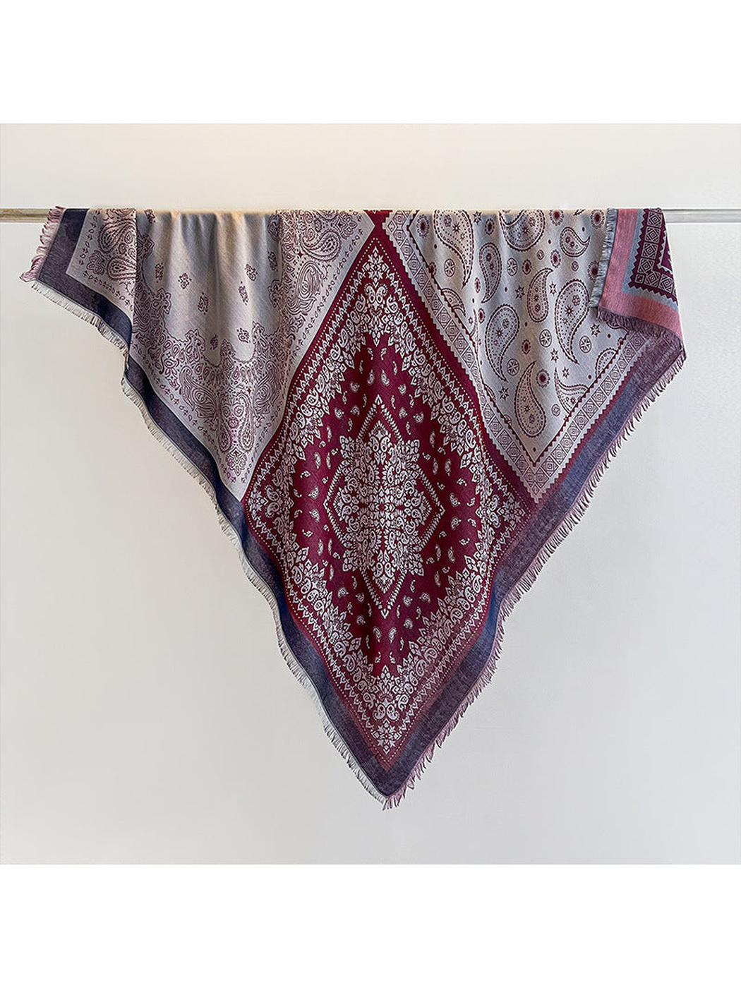 Burgundy paisley square scarf with fringed edges, full view