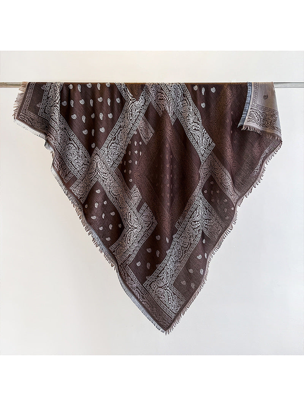 Coffee paisley square scarf with diagonal patterned bands and fringed edges