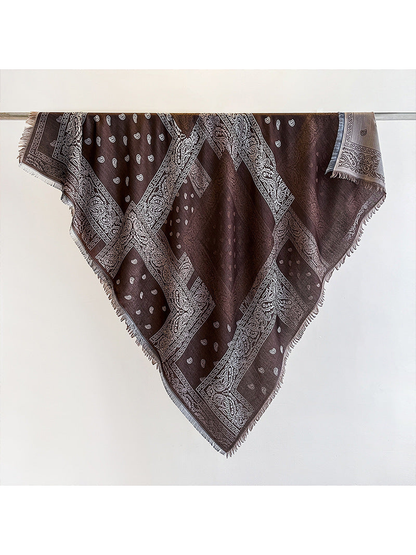 Coffee paisley square scarf with diagonal patterned bands and fringed edges