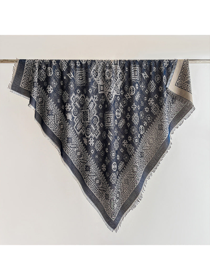 Navy geometric square scarf with fringed edges, full view