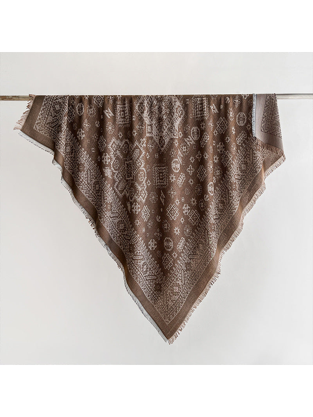 Light brown geometric square scarf with fringed edges, full view