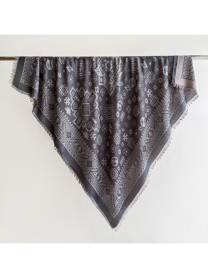Gray geometric square scarf with fringed edges, full view
