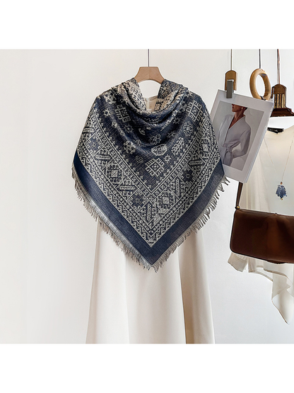 Navy geometric square scarf styled in a pointed front drape