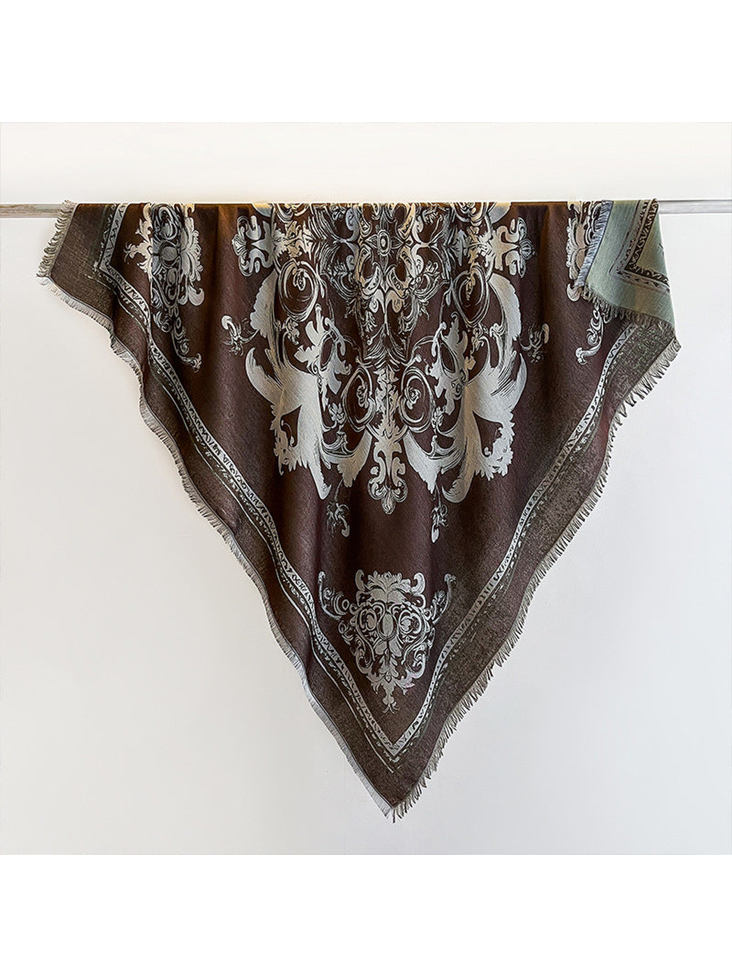 Dark brown square scarf with ornamental motif and fringed edges