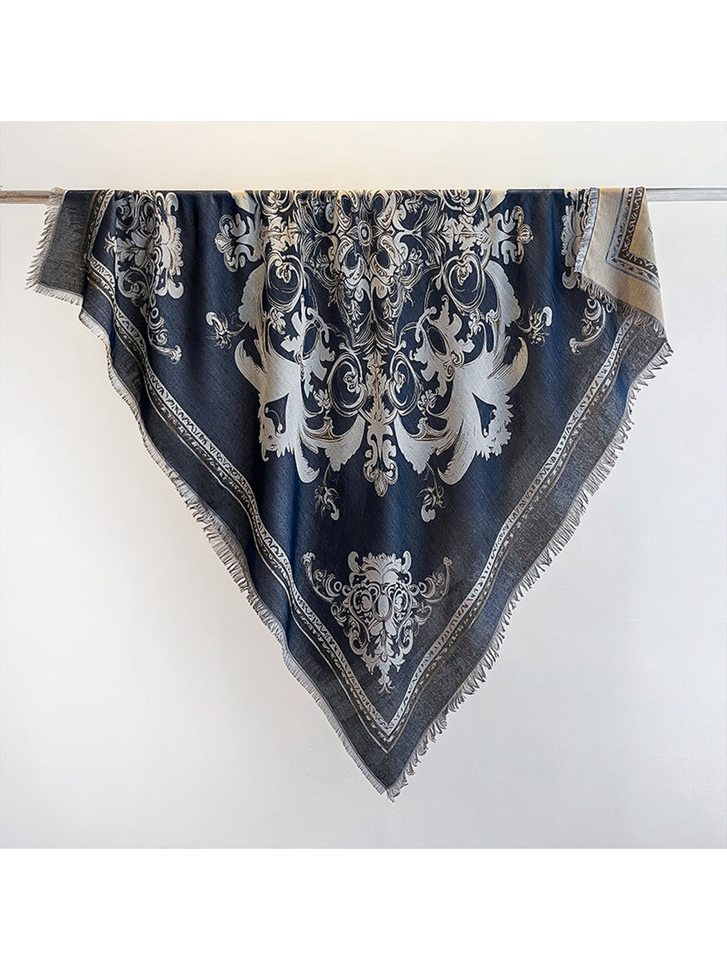Navy square scarf with ornamental motif and fringed edges
