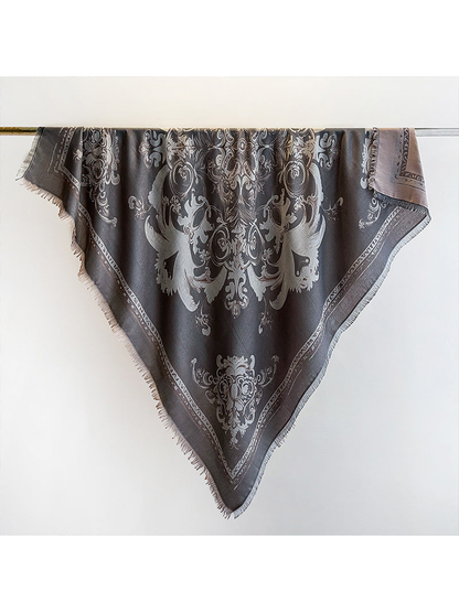 Gray square scarf with ornamental motif and fringed edges