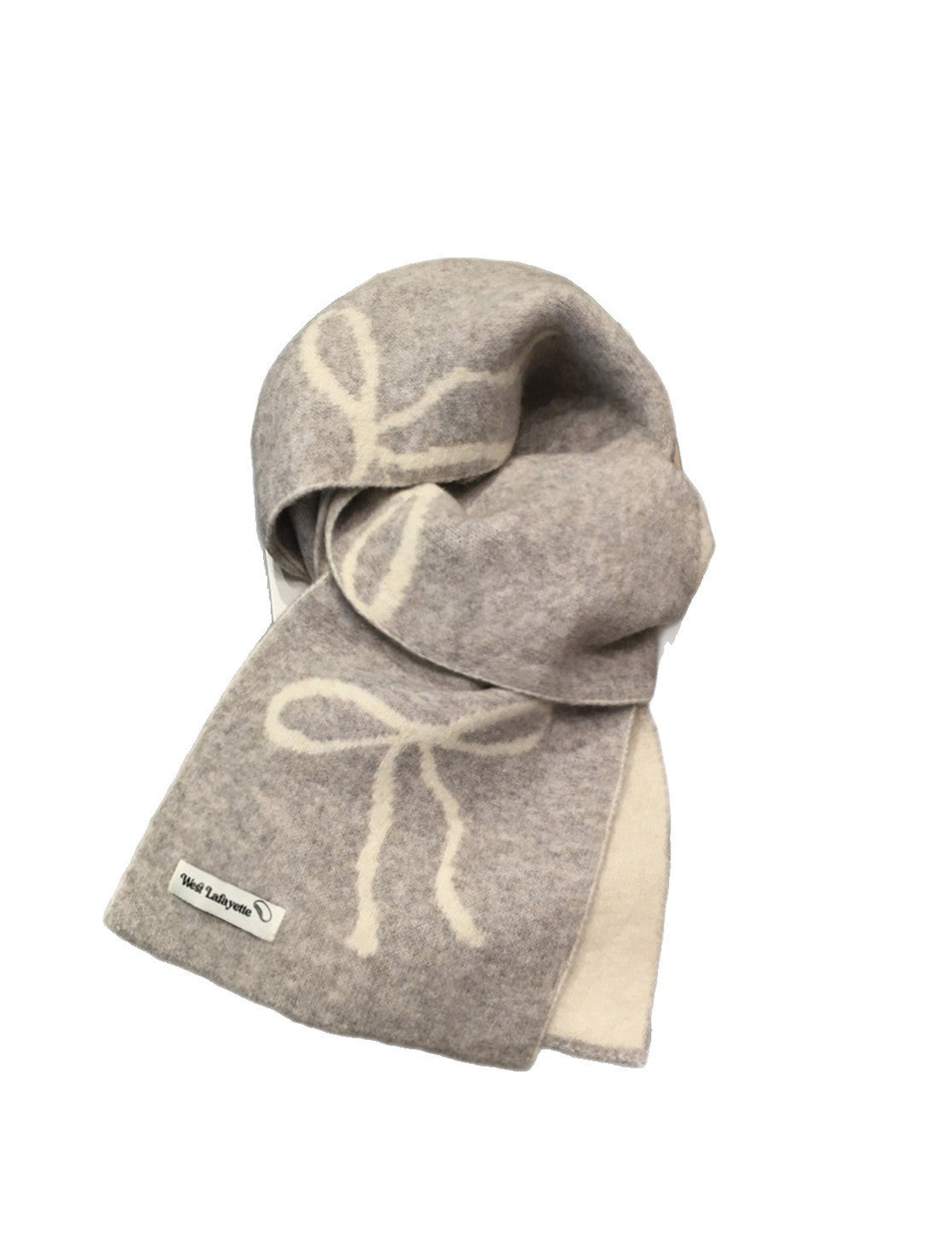 Gray rectangular scarf with cream bow motifs on a white background