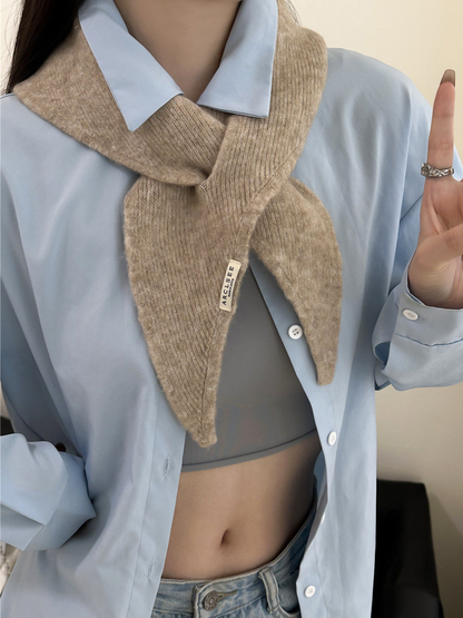 Khaki pull-through scarf with tapered ends, worn view