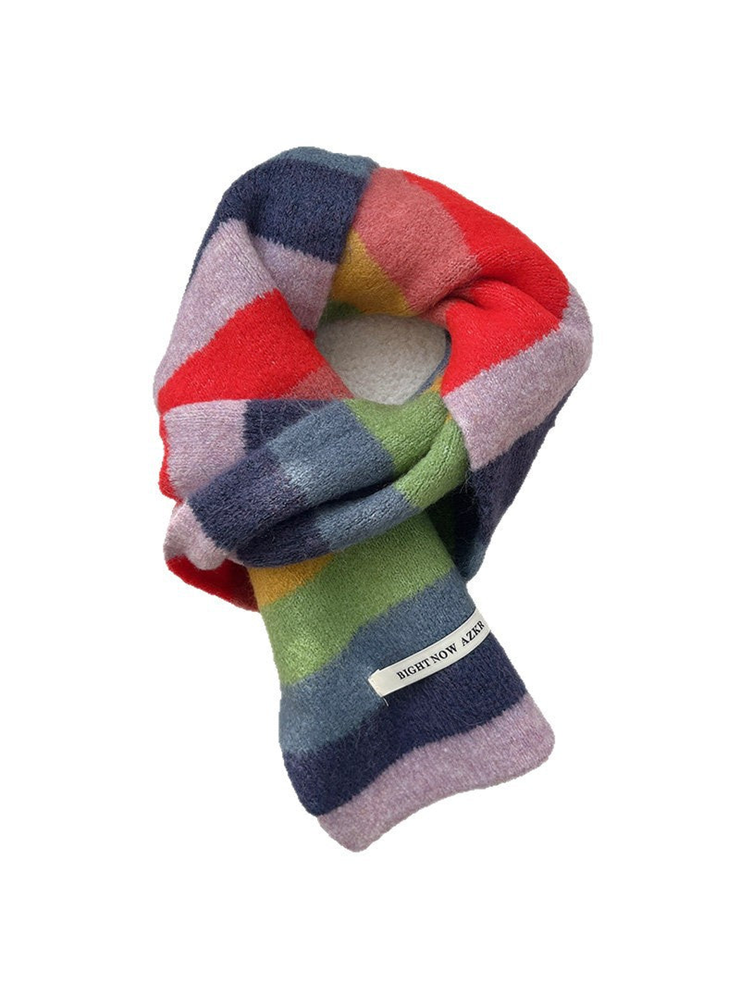 Bright multicolor striped scarf arranged in a knot against a white background