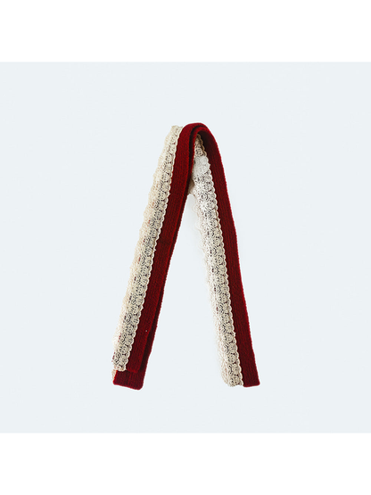 Red narrow scarf with contrasting scalloped lace trim, full product view