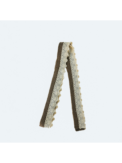 Brown narrow scarf with scalloped lace trim, full product view