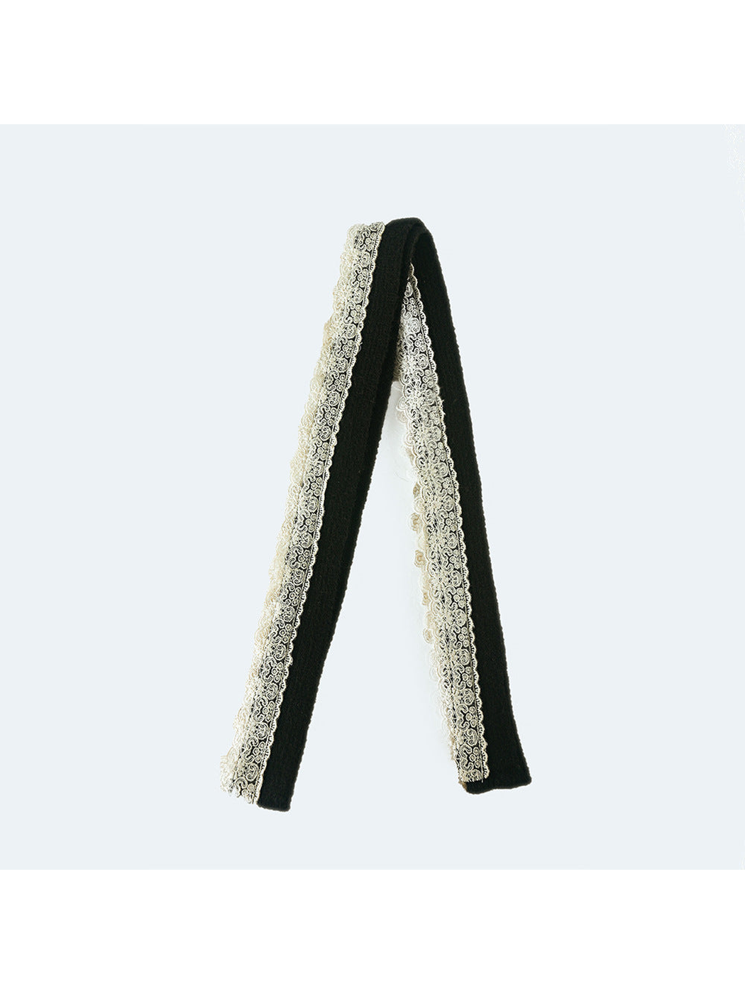 Black narrow scarf with contrasting scalloped lace trim, full product view