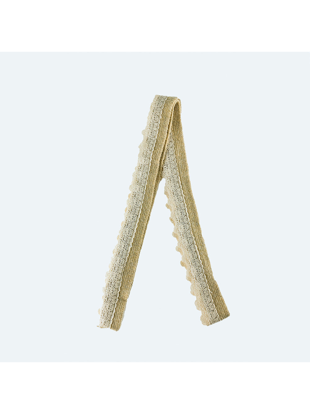 Beige narrow scarf with scalloped lace trim, full product view