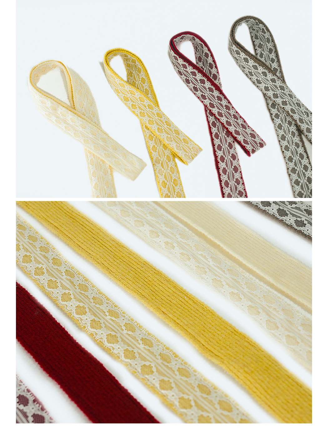 Cream, yellow, red and brown lace-trim skinny scarves with front and reverse texture details