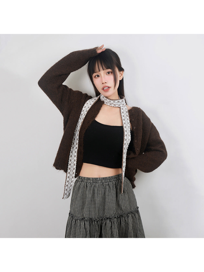 Brown lace-trim skinny scarf styled with a cardigan and check skirt