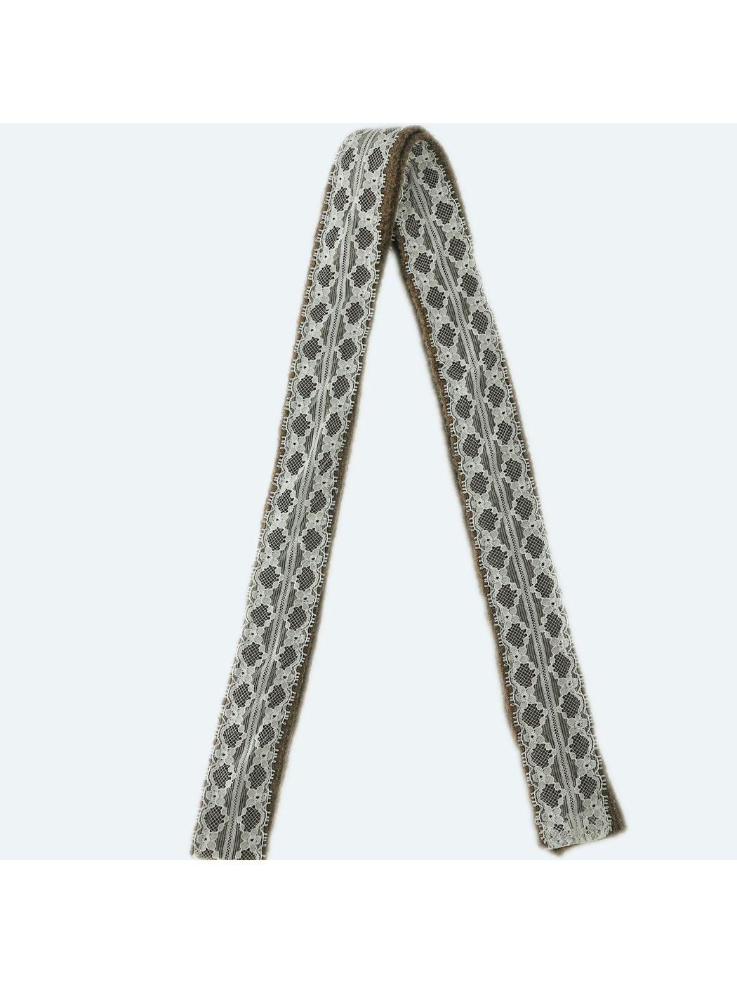 Brown lace-trim skinny scarf in a full-length folded view