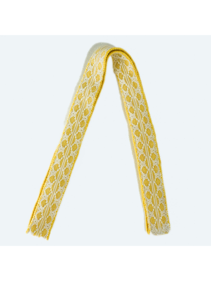 Yellow lace-trim skinny scarf in a full-length folded view