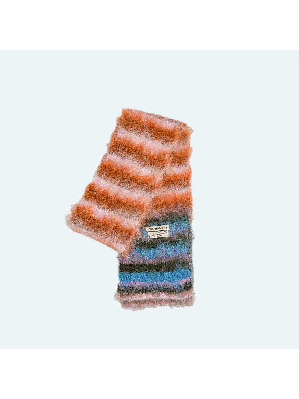 Pink, orange and blue striped fuzzy scarf displayed folded