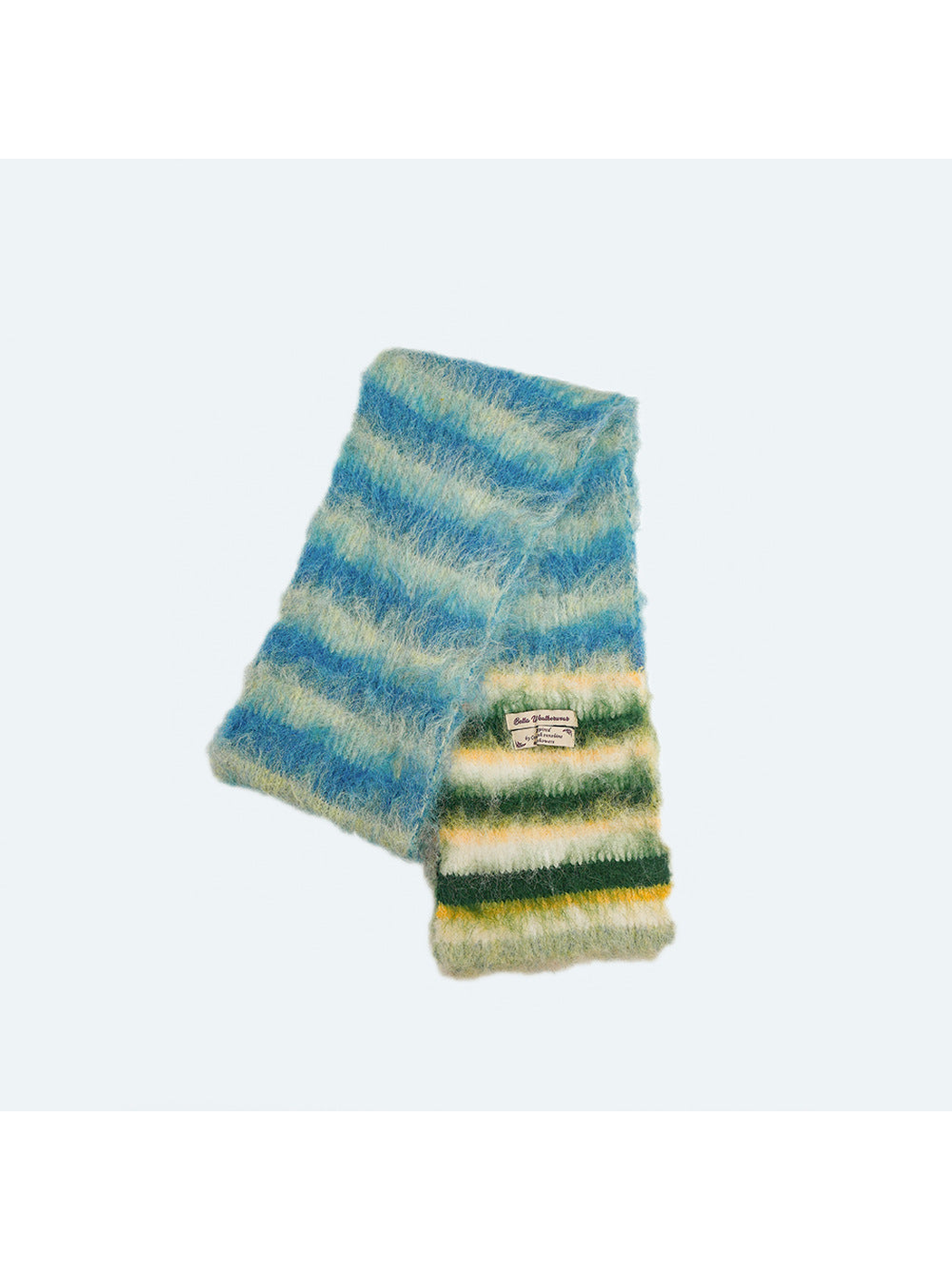 Blue, cream and green striped fuzzy scarf displayed folded