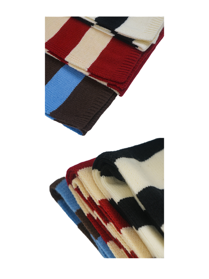 Close-up of wide-striped scarves with knit texture and ribbed short-edge hems
