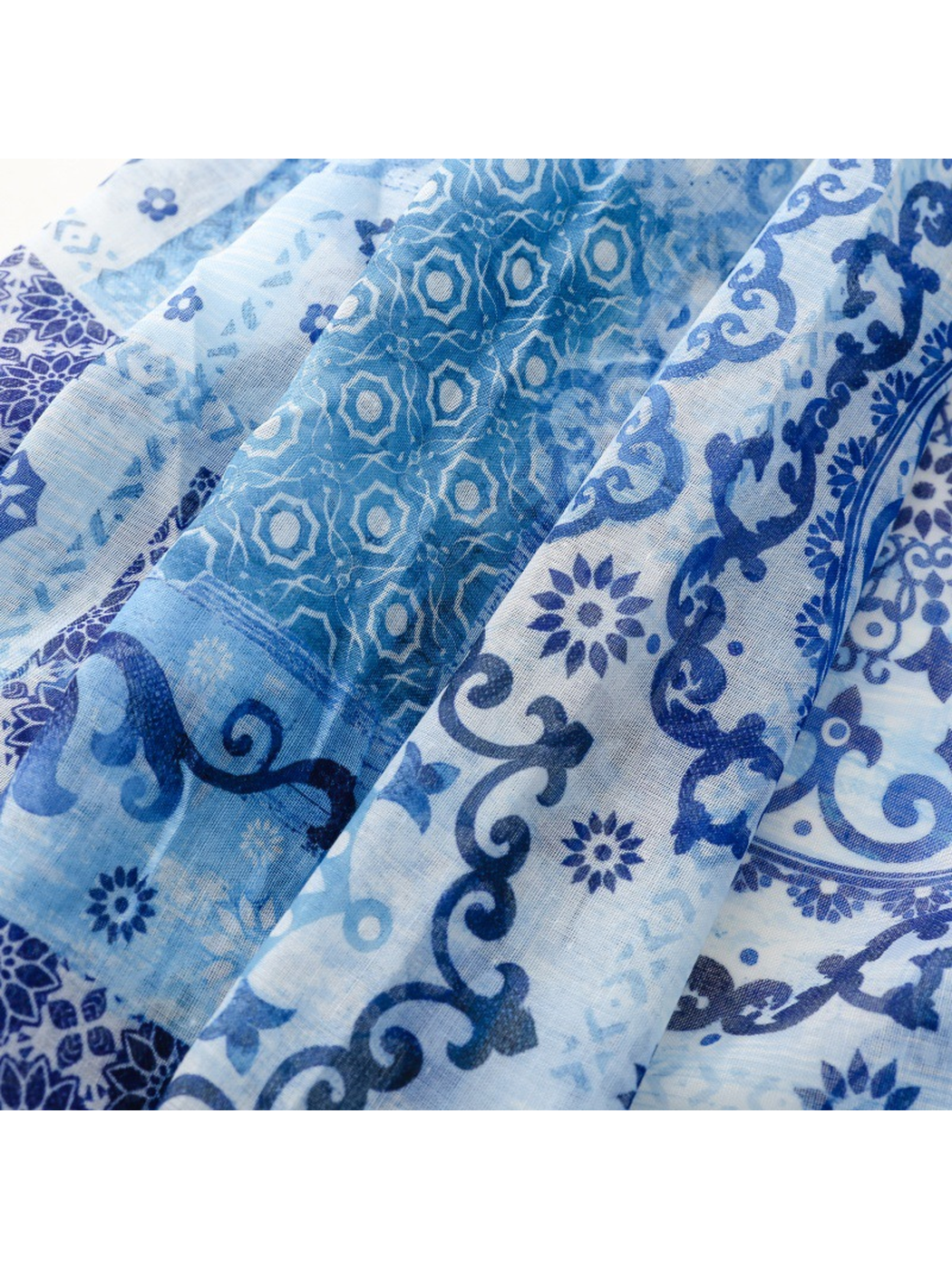 Close-up of blue geometric, floral and scrolling motifs on the scarf