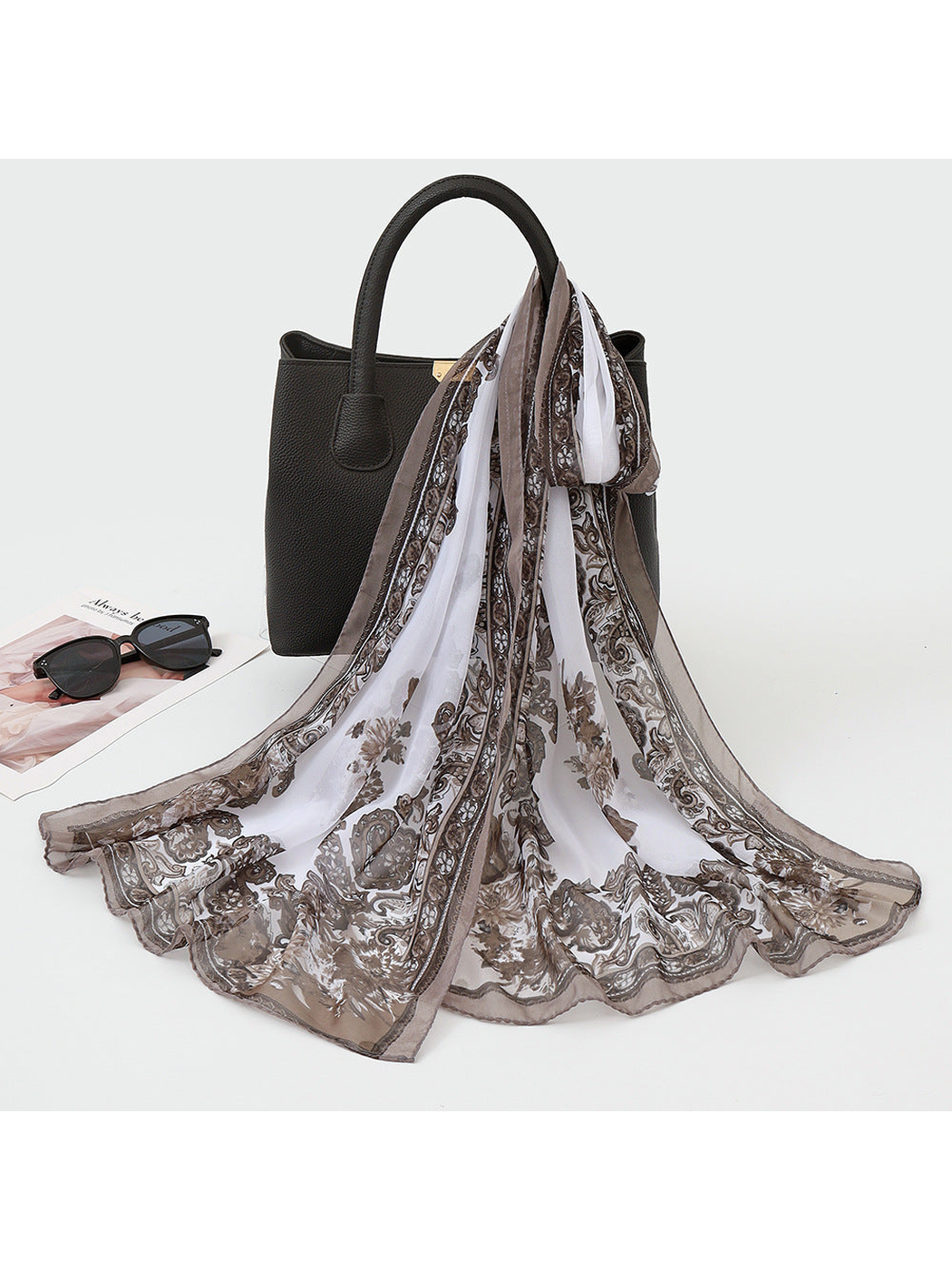White and taupe sheer scarf with paisley, floral motifs and an ornamental border