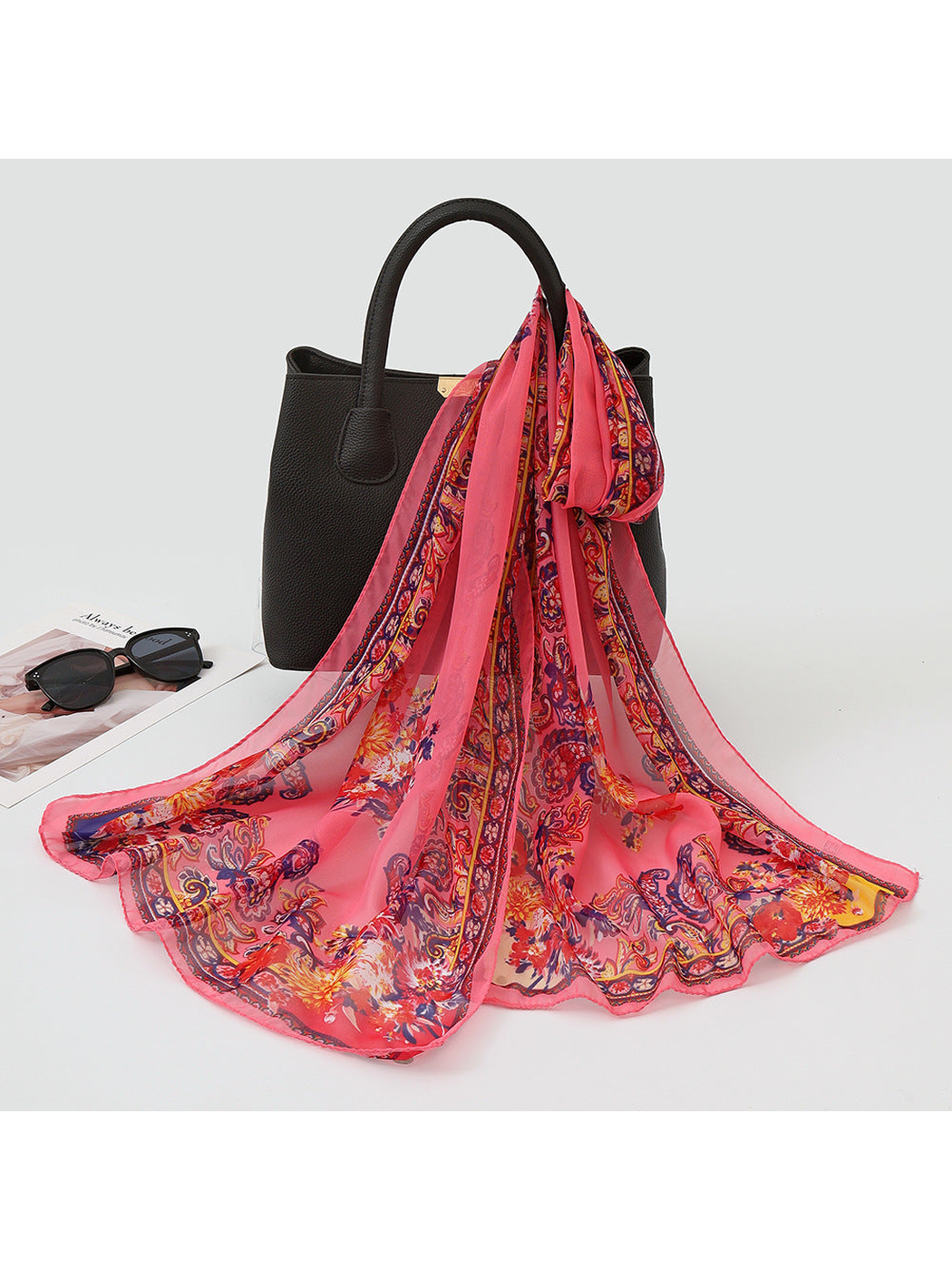 Pink sheer scarf with paisley, floral motifs and an ornamental border