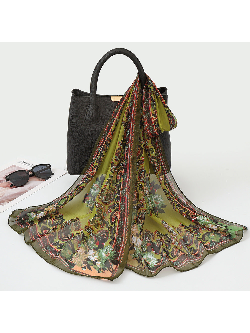 Olive green sheer scarf with paisley, floral motifs and an ornamental border