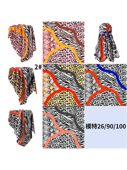 Four animal-print scarf designs displayed with matching pattern views