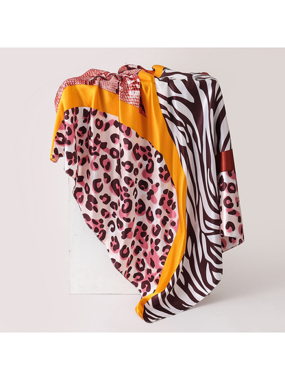 Pink and yellow animal-print square scarf, draped view