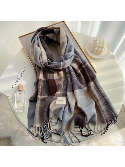 Light blue, beige and brown block plaid scarf with fringed ends