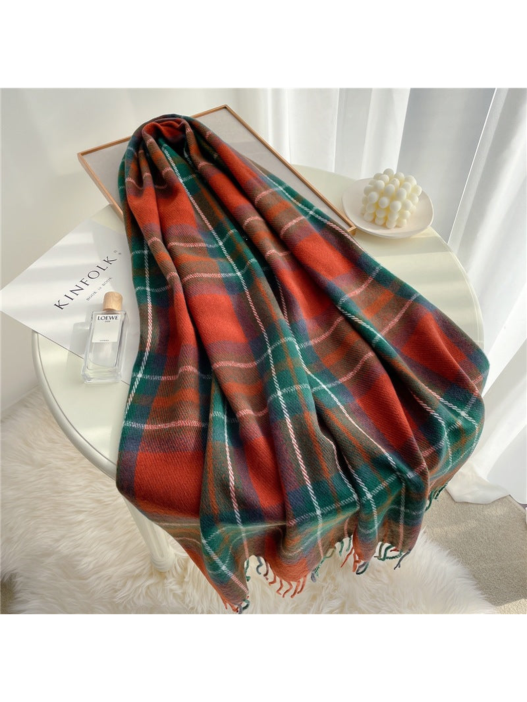 Orange-red and green tartan plaid scarf with fringed ends