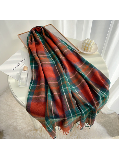 Orange-red and green tartan plaid scarf with fringed ends