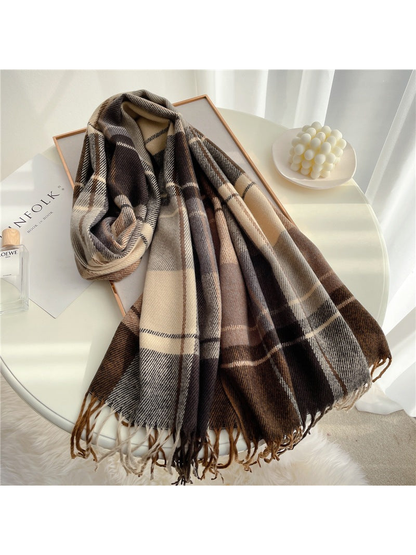 Beige, brown and gray block plaid scarf with fringed ends