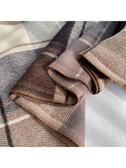 Close-up of the plaid scarf folds with brushed texture and fine diagonal ribs
