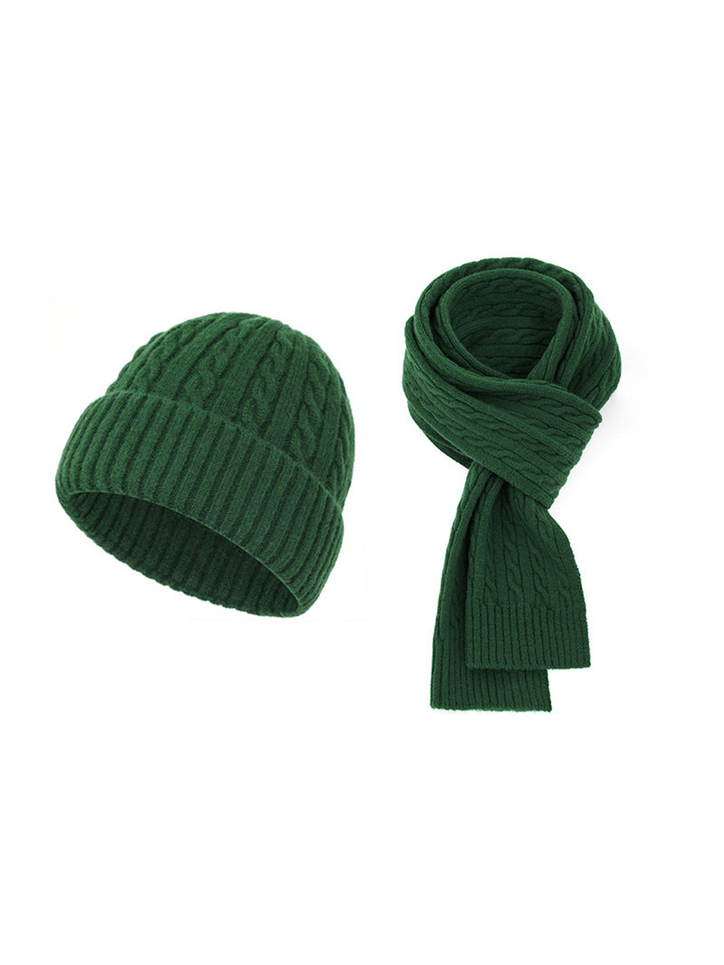 Dark green cable-knit hat and scarf set on a white background