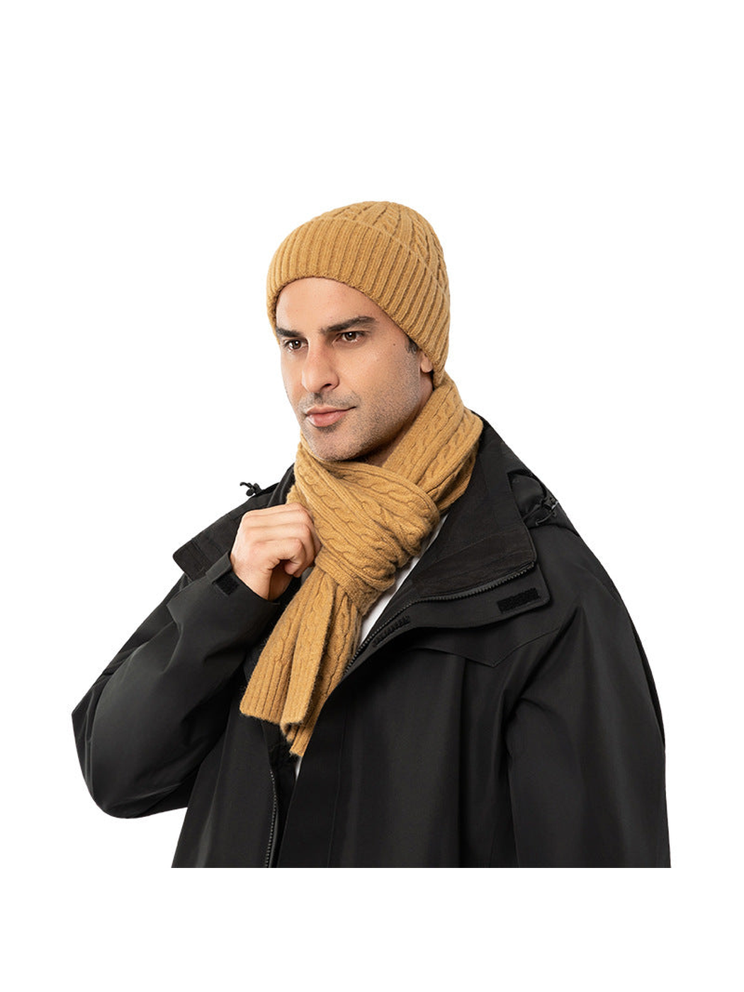 Camel cable-knit hat and scarf styled with a black jacket