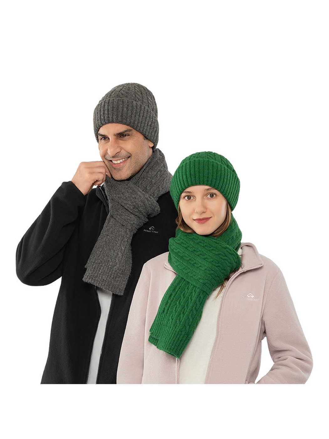 Gray and green cable-knit hat and scarf sets worn together