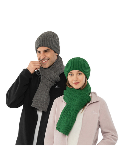 Gray and green cable-knit hat and scarf sets worn together