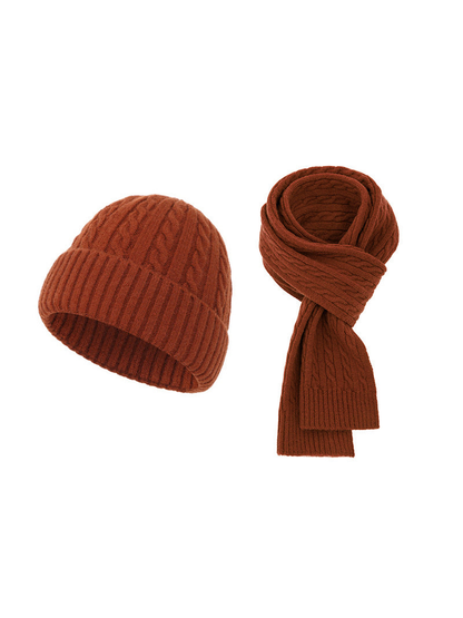 Caramel cable-knit hat and scarf set on a white background