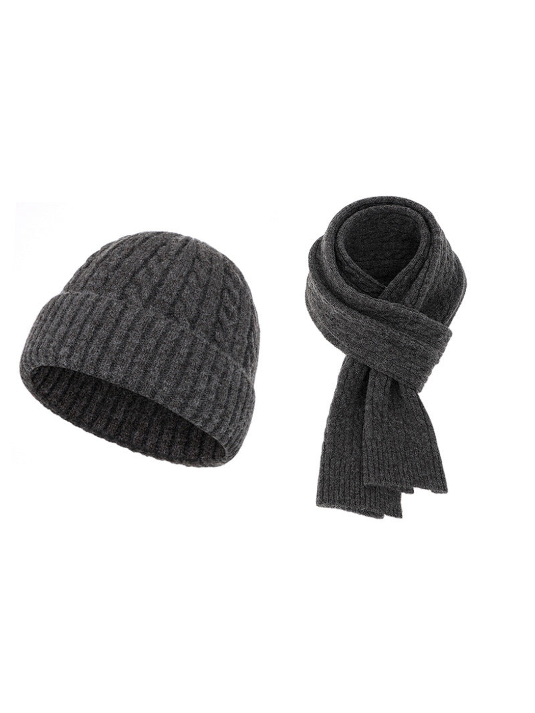 Dark gray cable-knit hat and scarf set on a white background