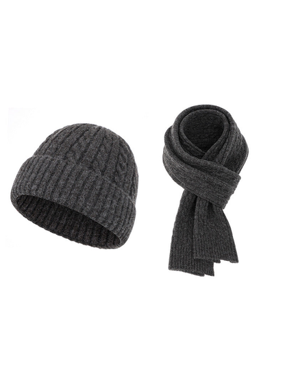 Dark gray cable-knit hat and scarf set on a white background