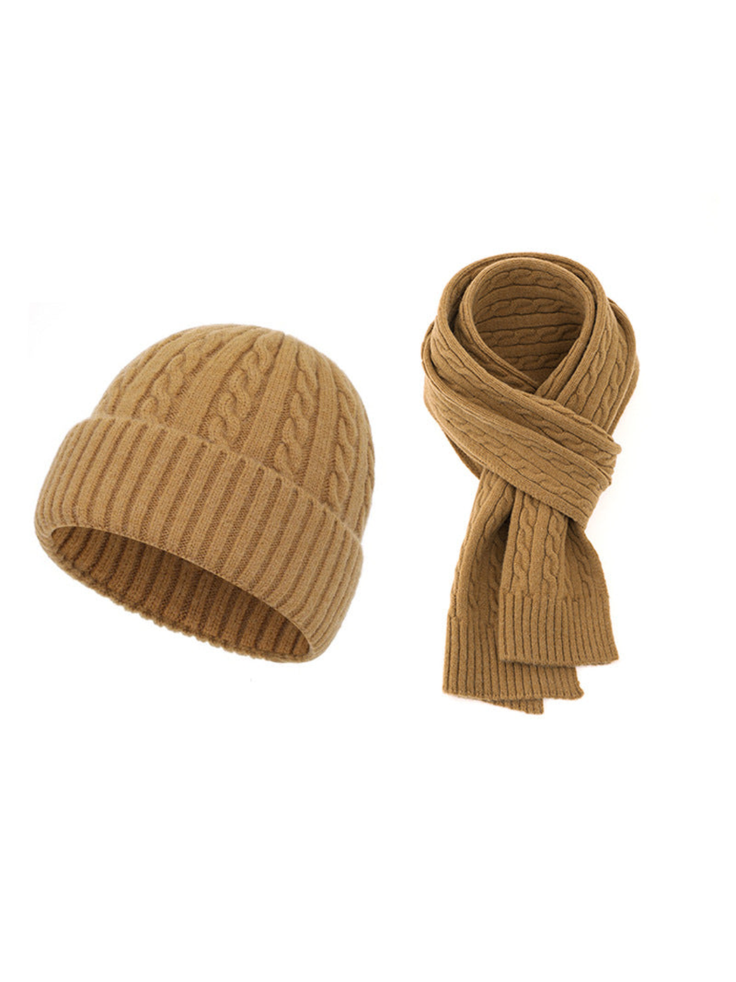 Camel cable-knit hat and scarf set on a white background